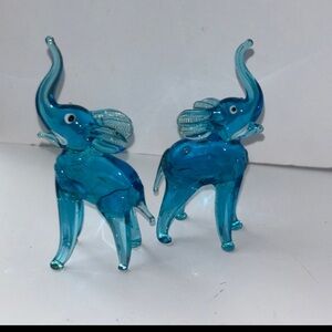 2 Blue Hand Blown Art Glass Elephant Figurines Trunk Up Good Luck Miniature